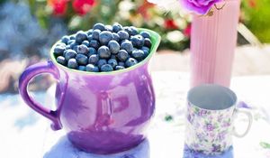 Preview wallpaper blueberries, pitcher, cup