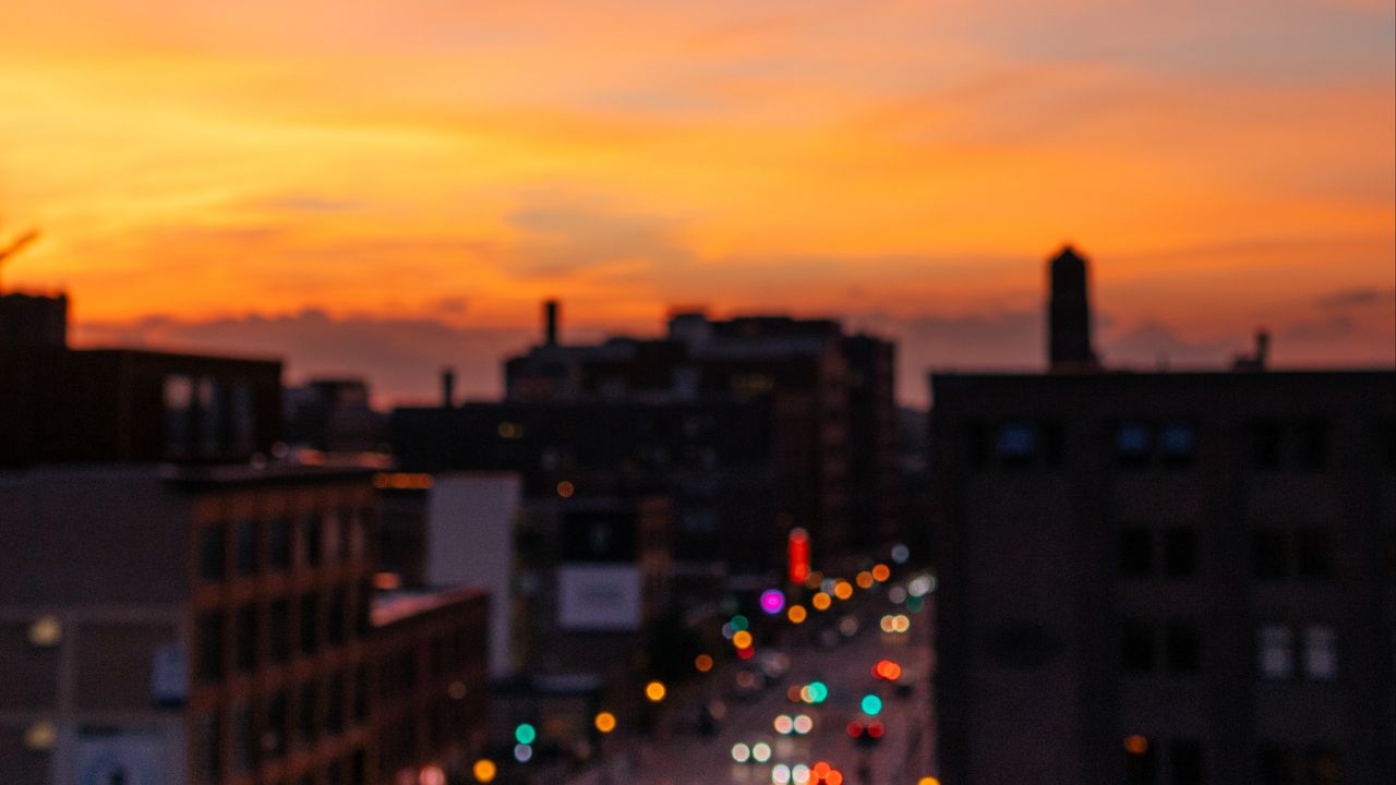 Wallpaper blur, city, glare, sunset, buildings
