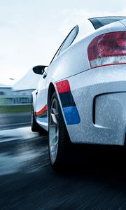 Preview wallpaper bmw 1-series m coupe, bmw, car, white, wet, rear view, speed