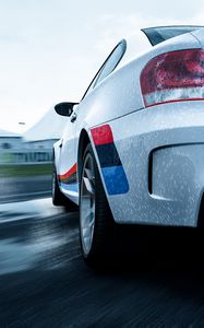 Preview wallpaper bmw 1-series m coupe, bmw, car, white, wet, rear view, speed