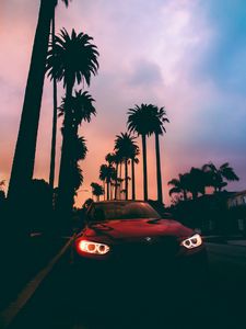 Preview wallpaper bmw 3, bmw, sunset, front view, palm trees