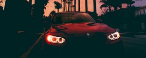 Preview wallpaper bmw 3, bmw, sunset, front view, palm trees