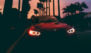 Preview wallpaper bmw 3, bmw, sunset, front view, palm trees