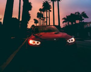 Preview wallpaper bmw 3, bmw, sunset, front view, palm trees