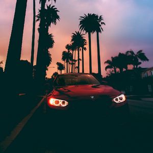 Preview wallpaper bmw 3, bmw, sunset, front view, palm trees