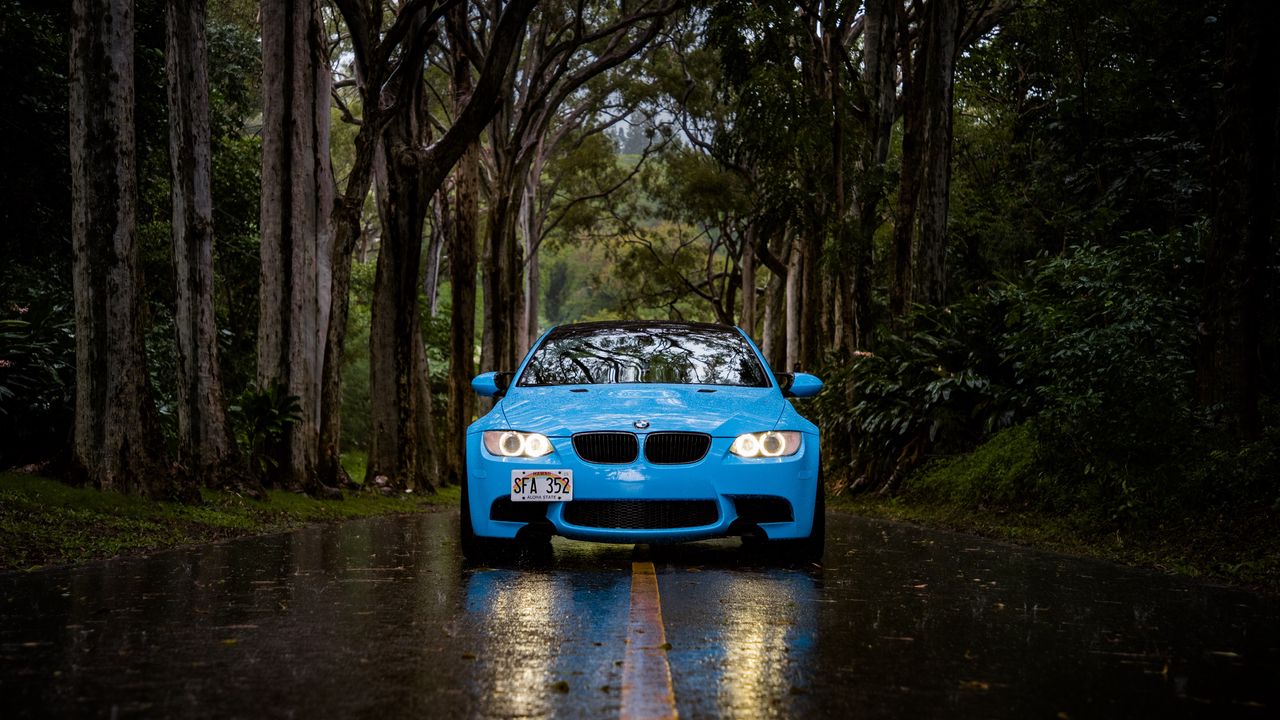 Wallpaper bmw 5, bmw, front view, car, blue, forest, road, rain