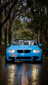 Preview wallpaper bmw 5, bmw, front view, car, blue, forest, road, rain