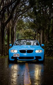 Preview wallpaper bmw 5, bmw, front view, car, blue, forest, road, rain