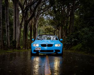 Preview wallpaper bmw 5, bmw, front view, car, blue, forest, road, rain