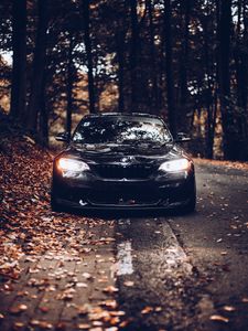 Preview wallpaper bmw, car, black, front view, autumn