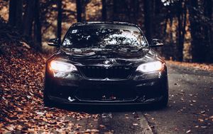 Preview wallpaper bmw, car, black, front view, autumn