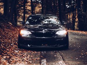 Preview wallpaper bmw, car, black, front view, autumn