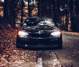 Preview wallpaper bmw, car, black, front view, autumn