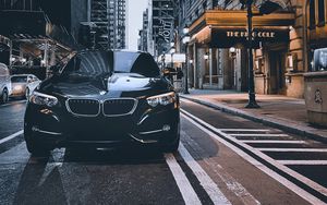 Preview wallpaper bmw, car, black, street, city