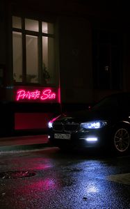 Preview wallpaper bmw, car, black, neon, road, night