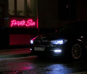 Preview wallpaper bmw, car, black, neon, road, night