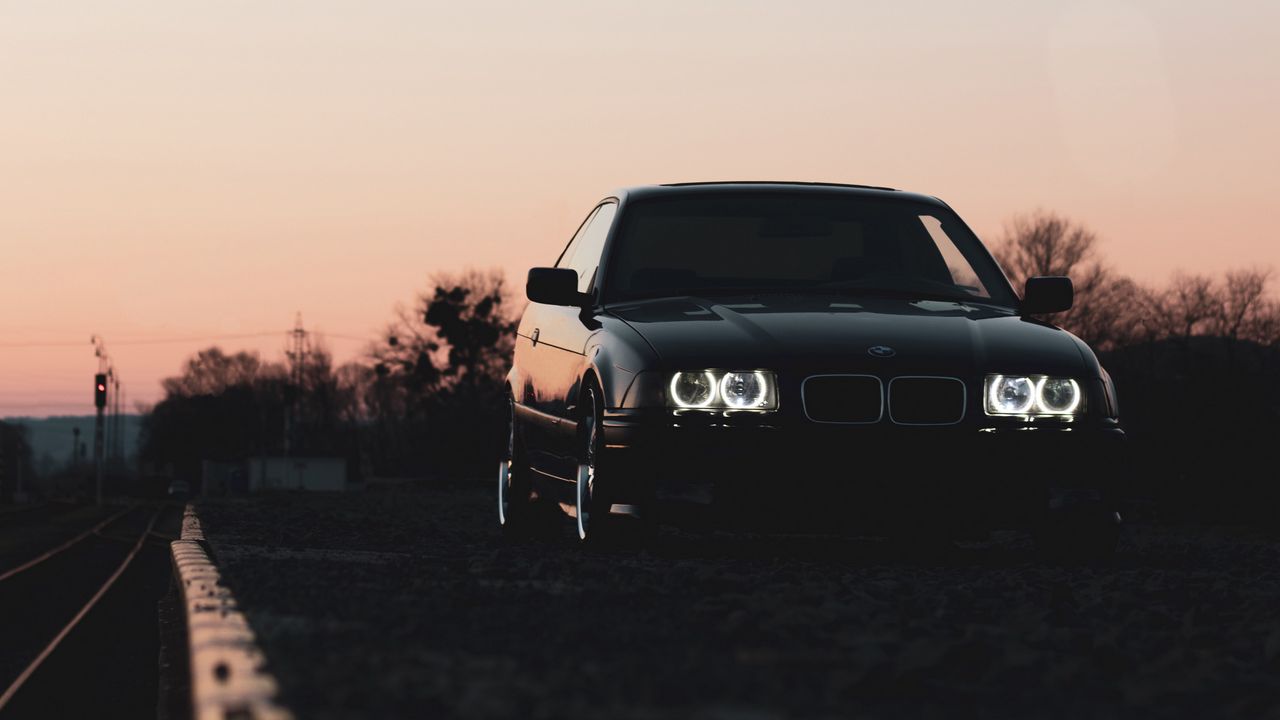 Wallpaper bmw, car, black, headlights, light, twilight