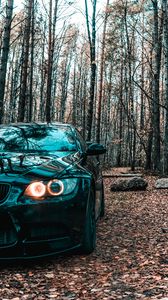 Preview wallpaper bmw, car, black, front view, forest