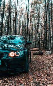 Preview wallpaper bmw, car, black, front view, forest