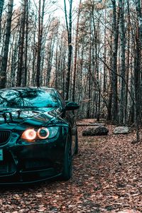 Preview wallpaper bmw, car, black, front view, forest