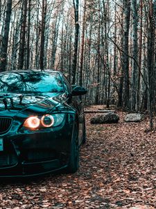 Preview wallpaper bmw, car, black, front view, forest