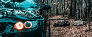 Preview wallpaper bmw, car, black, front view, forest