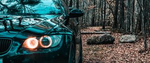 Preview wallpaper bmw, car, black, front view, forest