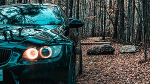 Preview wallpaper bmw, car, black, front view, forest