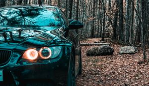 Preview wallpaper bmw, car, black, front view, forest