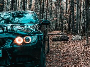 Preview wallpaper bmw, car, black, front view, forest