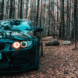 Preview wallpaper bmw, car, black, front view, forest