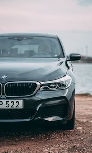 Preview wallpaper bmw, car, black, front view, coast