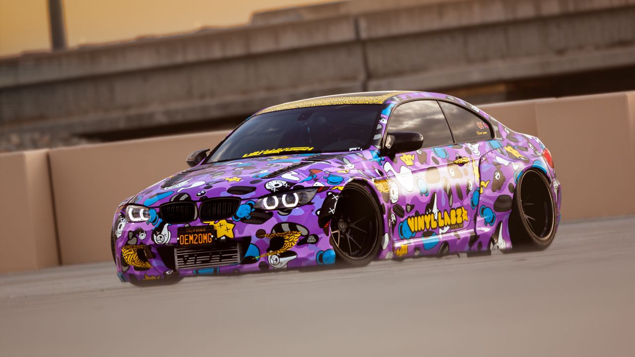 Wallpaper bmw, car, drift, track, purple