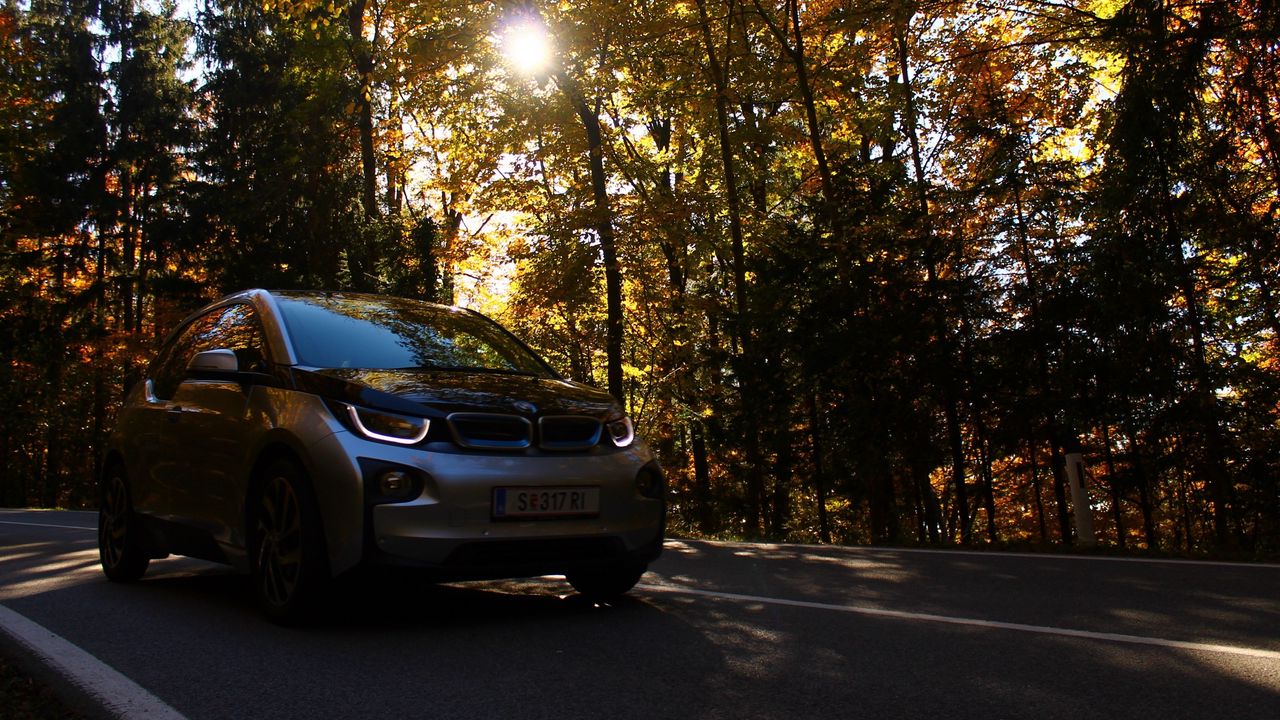 Wallpaper bmw, car, front view, motion, autumn, trees