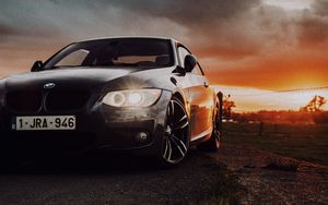 Preview wallpaper bmw, car, front view, headlights, glow, black