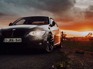 Preview wallpaper bmw, car, front view, headlights, glow, black