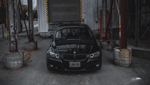 Preview wallpaper bmw, car, front view, black, garage