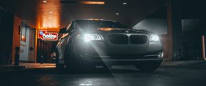 Preview wallpaper bmw, car, gray, headlights, light, night