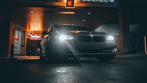 Preview wallpaper bmw, car, gray, headlights, light, night