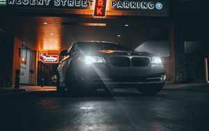 Preview wallpaper bmw, car, gray, headlights, light, night