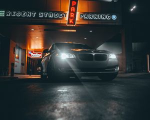 Preview wallpaper bmw, car, gray, headlights, light, night