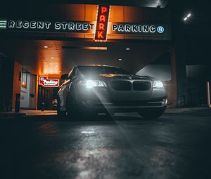 Preview wallpaper bmw, car, gray, headlights, light, night