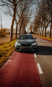 Preview wallpaper bmw, car, green, trees, road