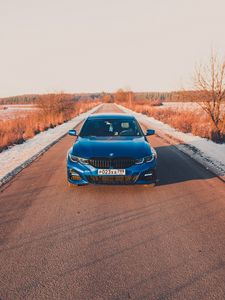 Preview wallpaper bmw, car, road, blue, front view