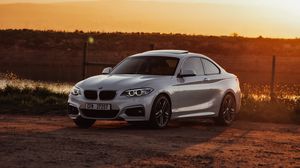 Preview wallpaper bmw, car, side view, gray, sunset