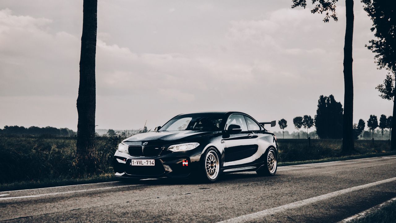 Wallpaper bmw, car, spoiler, black, road