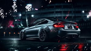 Preview wallpaper bmw, car, sports, coupe, gray, metallic, wet, night
