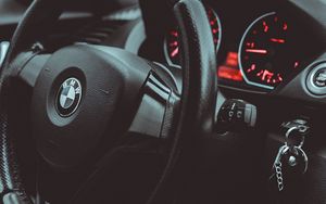 Preview wallpaper bmw, car, steering wheel, speedometer
