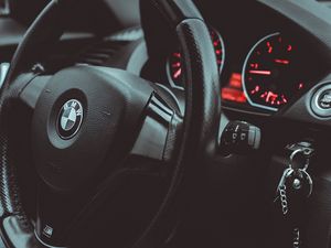 Preview wallpaper bmw, car, steering wheel, speedometer