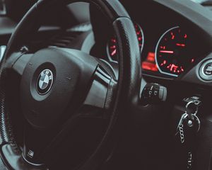 Preview wallpaper bmw, car, steering wheel, speedometer